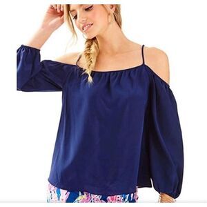 Lilly‎ Pulitzer Womens Cold Shoulder Long Sleeve Silk Candace Blouse Navy Small